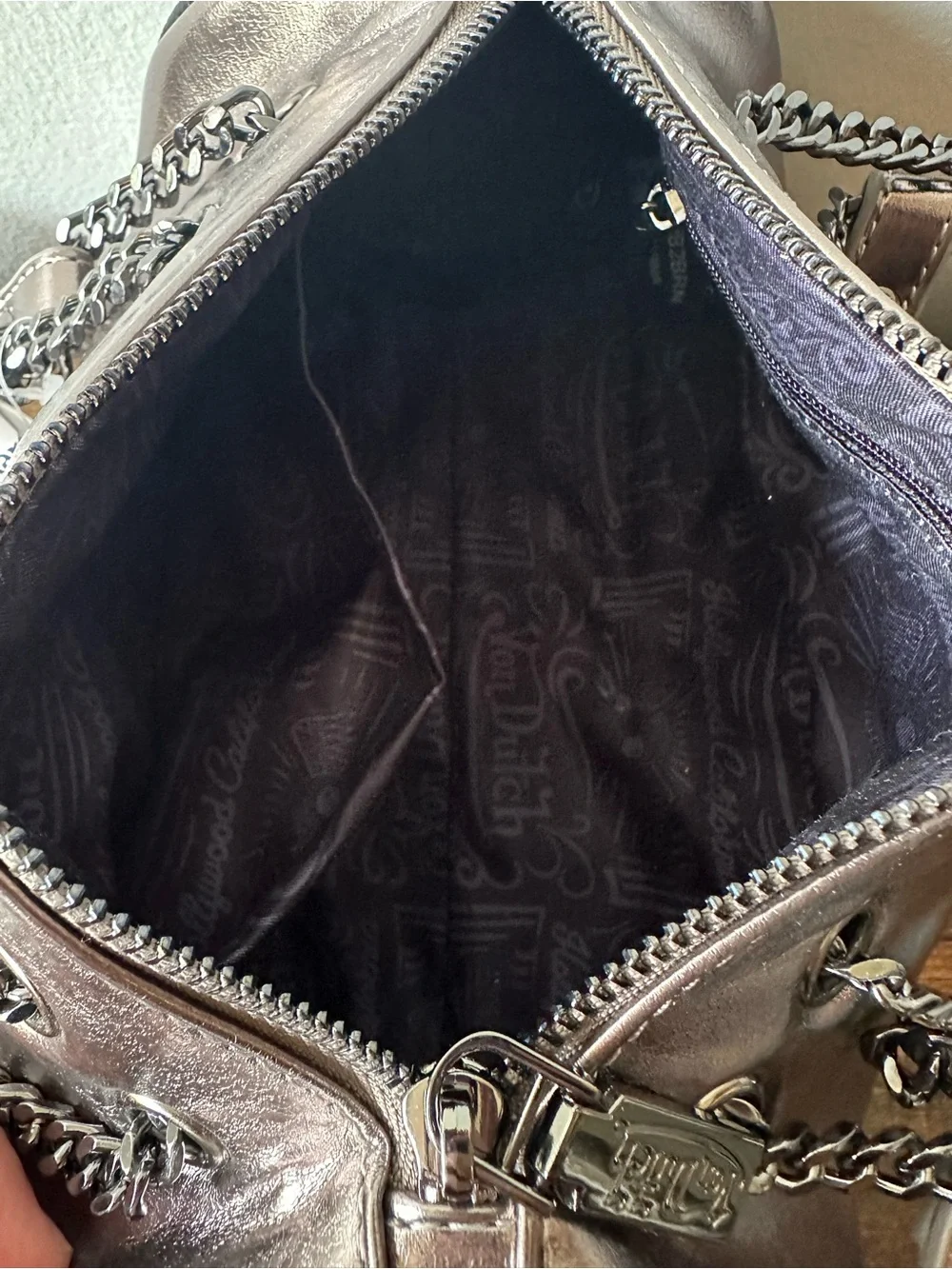 Von Dutch Metallic Barrel Shoulder Bag with Black Embroidered Logo, Chain NWT